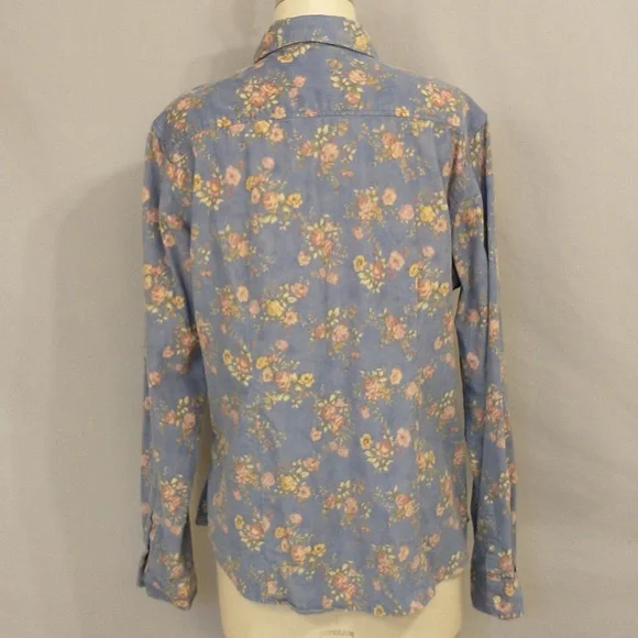 Floral Corduroy Shirt 100% Cotton Fine Wale Periwinkle Blue LL Bean Pink Roses - Picture 4 of 10